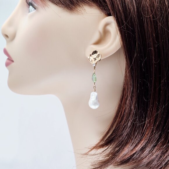 Baroque Pearl & Green Tourmaline Earrings, 14K Gold Filled CZ Hammered Studs - Picture 6 of 9